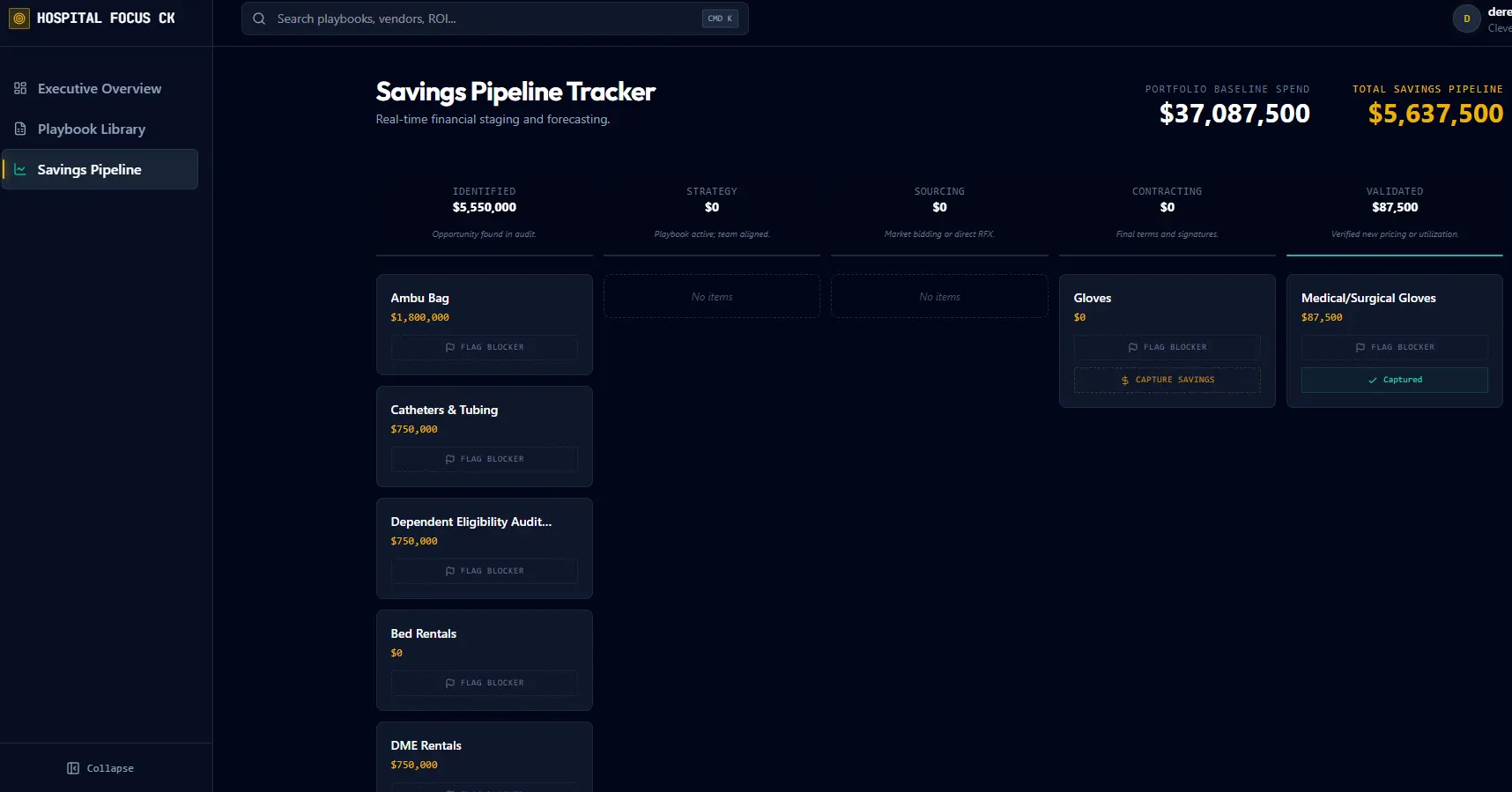 Savings Pipeline Tracker — Kanban board layout with 5 stages from Identified to Validated
