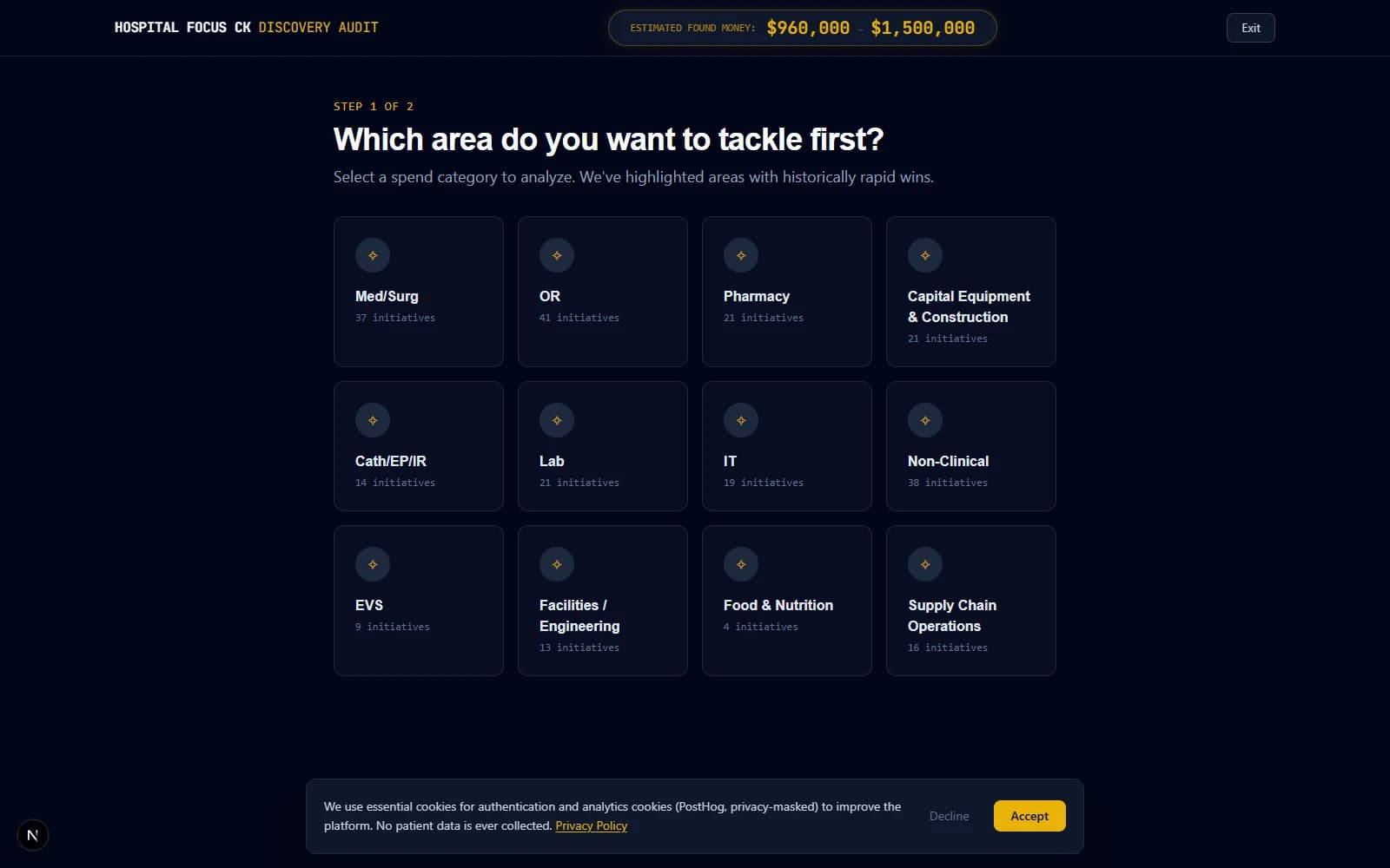 Discovery Audit Wizard — category selection step with estimated found money banner